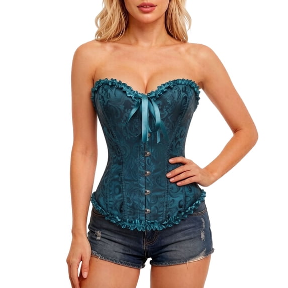 VISALY Vintage Jacquard Corset Top for Women Strapless Sweetheart Bustier with Ruffle Boned Lace Up Back Slimming Waist Cincher Shapewear Waist Trainer for Cosplay Going Out Outfits Navy M