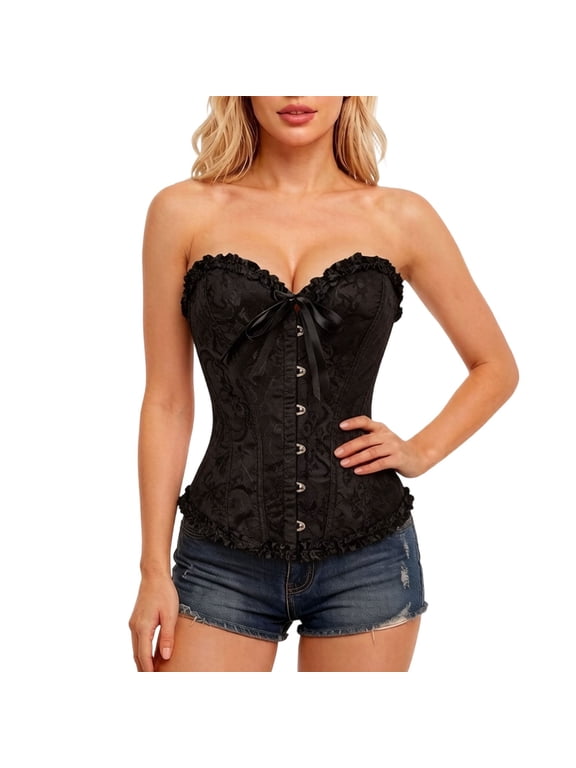 Vintage Jacquard Corset Top for Women Strapless Sweetheart Bustier with Ruffle Boned Lace Up Back Slimming Waist Cincher Shapewear Waist Trainer for Cosplay Going Out Outfits Black L