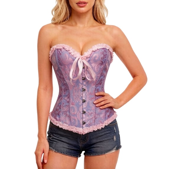VISALY Vintage Jacquard Corset Top for Women Strapless Sweetheart Bustier with Ruffle Boned Lace Up Back Slimming Waist Cincher Shapewear Waist Trainer for Cosplay Going Out Outfits Purple L