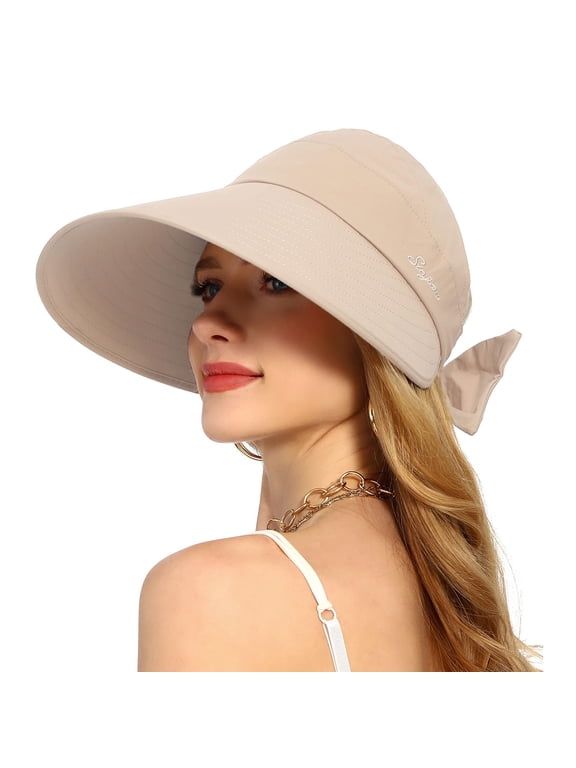 Wide Brim Empty Top Sun Hat with Bow Knot Uv Protection Adjustable Back Tie Visor Cap Lightweight Packable Breathable Outdoor Beach Golf Travel Sun Hat Sun Visor Hat for Women Beige One Size