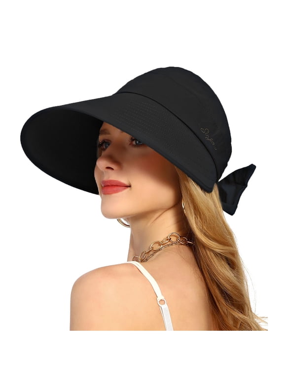 Wide Brim Empty Top Sun Hat with Bow Knot Uv Protection Adjustable Back Tie Visor Cap Lightweight Packable Breathable Outdoor Beach Golf Travel Sun Hat Sun Visor Hat for Women Black One Size