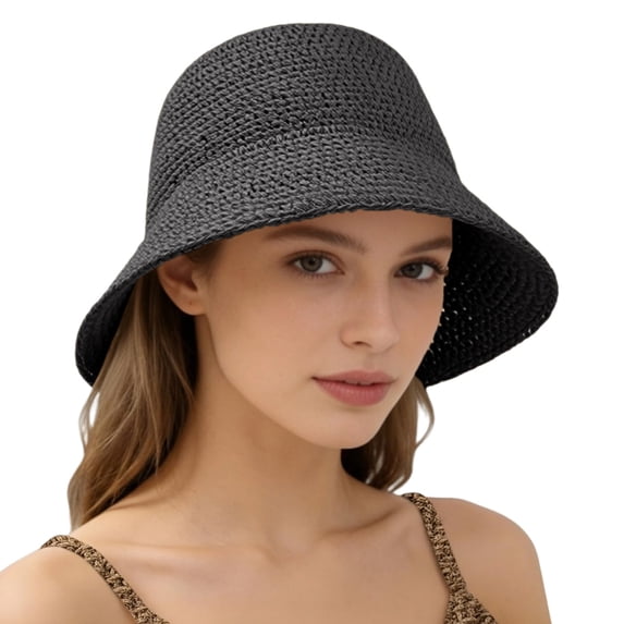 VISALY Wide Brim Straw Hat Elegant Cloche Hat with Flower Travel Beach Hat Vintage Beach Sun Hat Cap Uv Protection Beach Cap Foldable Wide Brim Floppy Hats Summer Flower Bucket Hat Black A