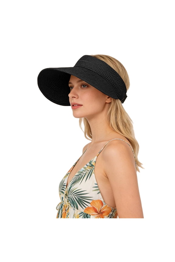Wide Brim Straw Sun Visor Hat Adjustable Back Strap Open Top Empty Crown Beach Cap Breathable Uv Protection Foldable Straw Sun Hat Summer Beach Pool Travel Outdoor Sun Cap Black One Size