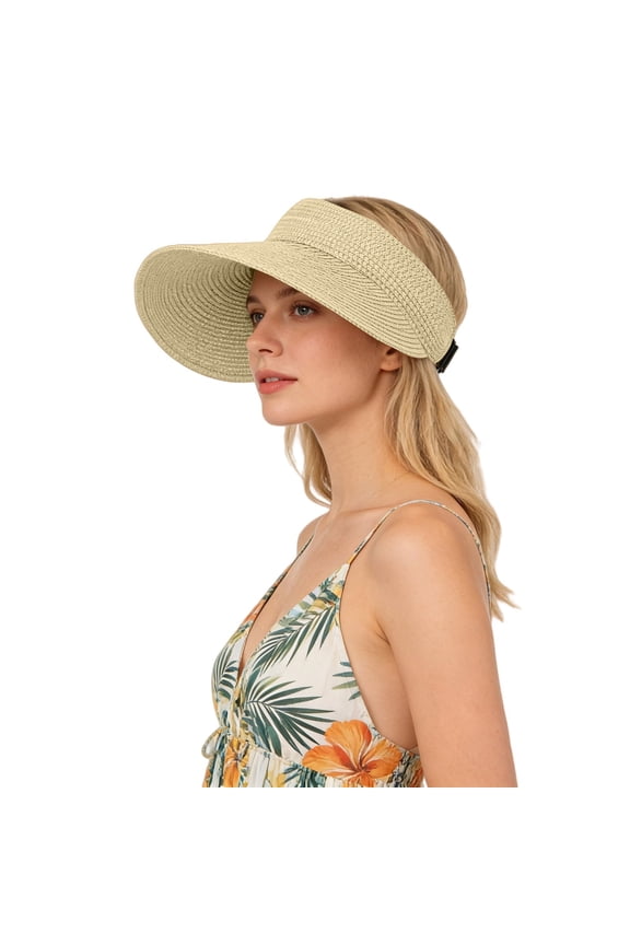 Wide Brim Straw Sun Visor Hat Adjustable Back Strap Open Top Empty Crown Beach Cap Breathable Uv Protection Foldable Straw Sun Hat Summer Beach Pool Travel Outdoor Sun Cap Beige One Size