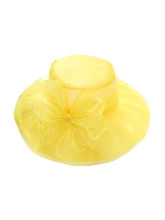 Wide Brim Sun Fascinator Hat Mesh Flower Sunhat Organza Church Fascinator Wide Brim Dress Cap Wide Brim Hat Bridal Tea Party Hat Party Church Derby Hats Derby Church Hat Yellow One Size