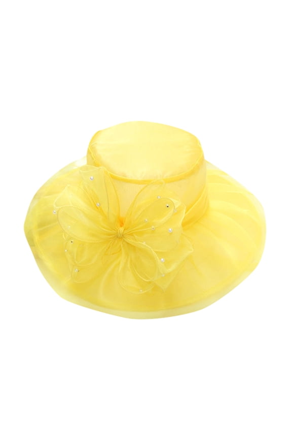Wide Brim Sun Fascinator Hat Mesh Flower Sunhat Organza Church Fascinator Wide Brim Dress Cap Wide Brim Hat Bridal Tea Party Hat Party Church Derby Hats Derby Church Hat Yellow One Size