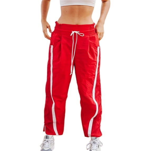 VISALY Wide Leg Pants Woman, Drawstring Pants Women, Women's Casual Loose Striped Sports Pants Y2K Sports Elastic High Waist Drawstring Wide Leg Pants, 1 Pack Athletic Pants for Women, Red, S