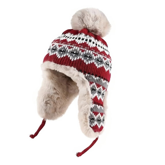 VISALY Winter Beanie Hat Thick Fleece Lined Warm Earflap Trapper Hat Pom Pom Knited Outdoor Winter Thick Thermal Knit Beanie Warm Windproof Thickened Ski Hat Double Layer Lined Hat Red One Size