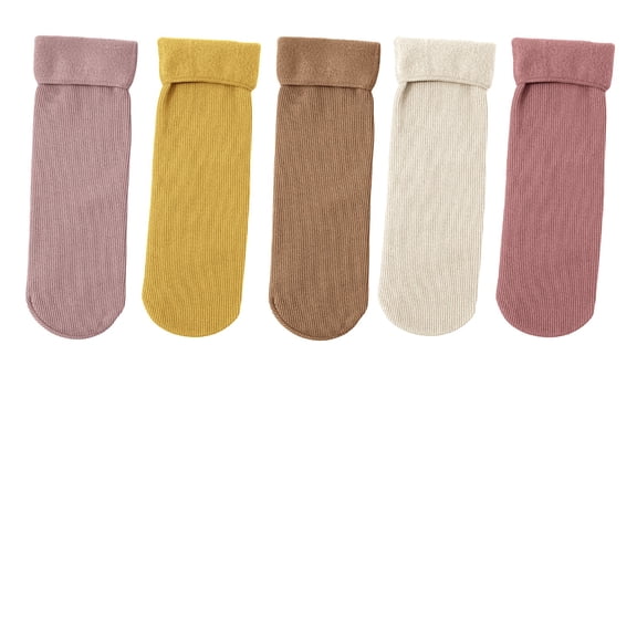 VISALY Winter Cotton Warm Thick Fleece Lined Mid Calf Socks for Unisex 5Pcs Soft Warm Knit Crew Socks Solid Color Cozy Non Slipper Socks for Home Outdoor (5 Pairs Set) Khaki One Size