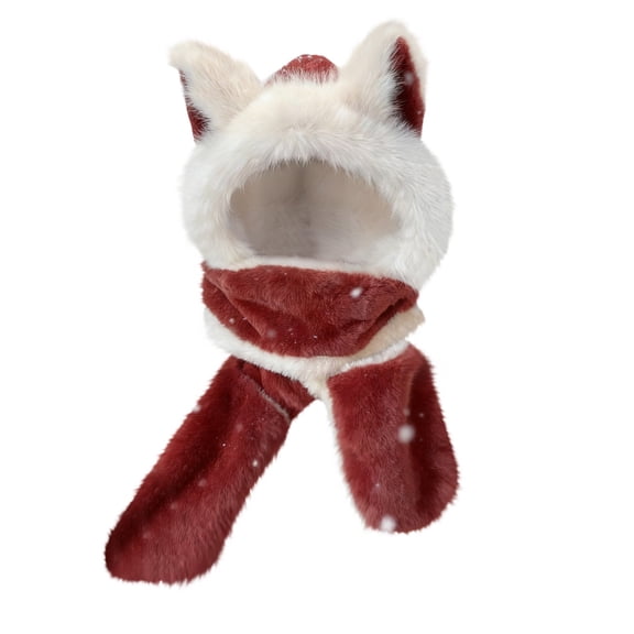 VISALY Winter Faux Fur Hooded Scarf 3 in 1 Warm Windproof Fleece Gloves Set Thick Ear Cap Hat with Scarfs Cute Ears Winter Hat 3 in 1 Plush Animal Hat with Mittens Scarf for Women Girls Red One Size
