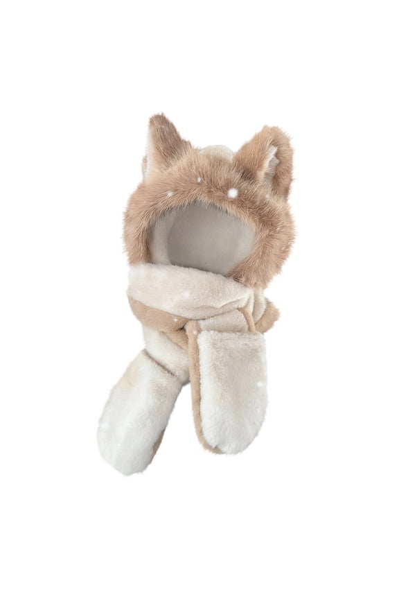 Winter Faux Fur Hooded Scarf 3 in 1 Warm Windproof Fleece Gloves Set Thick Ear Cap Hat with Scarfs Cute Ears Winter Hat 3 in 1 Plush Hat with Mittens Scarf for Women Girls Beige One Size