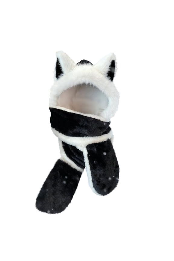 Winter Faux Fur Hooded Scarf 3 in 1 Warm Windproof Fleece Gloves Set Thick Ear Cap Hat with Scarfs Cute Ears Winter Hat 3 in 1 Plush Hat with Mittens Scarf for Women Girls Black One Size