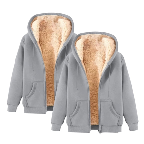 VISALY Winter Warm Casual Full Zip Up Sherpa Lined Hoodie Sweatshirt Jacket Coat 2 Pc Thick Fleece Lined Heavyweight Sweatshirt Coat Winter Outerwear with Pockets Grey Xxl