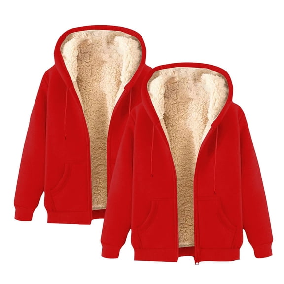VISALY Winter Warm Casual Full Zip Up Sherpa Lined Hoodie Sweatshirt Jacket Coat 2 Pc Thick Fleece Lined Heavyweight Sweatshirt Coat Winter Outerwear with Pockets Red Xxl