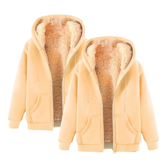 VISALY Winter Warm Casual Full Zip Up Sherpa Lined Hoodie Sweatshirt Jacket Coat 2 Pc Thick Fleece Lined Heavyweight Sweatshirt Coat Winter Outerwear with Pockets Beige L
