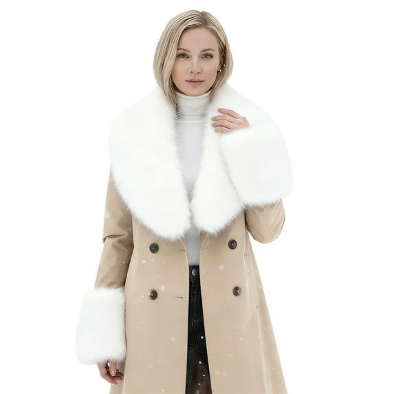 VISALY Winter Warm Faux Fur Collar Cuffs Set Warm Fake Fur Scarf Winter Arm Warmers(Faux Fur Cuff) and Neck Warmers for Women Fluffy Large Shawl Furry Scarves for for Cold Weather White One Size