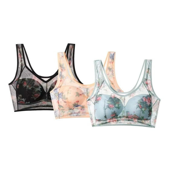 VISALY Wireless Bras Lace Bras 3Pc Minimizer Bras for Women No Underwire foral Printed Bras Full Coverage Bras Adjustable Strap Supportive Bralette Soft Bras Comfy Bras Lightly Padded Bras Blue 3Xl