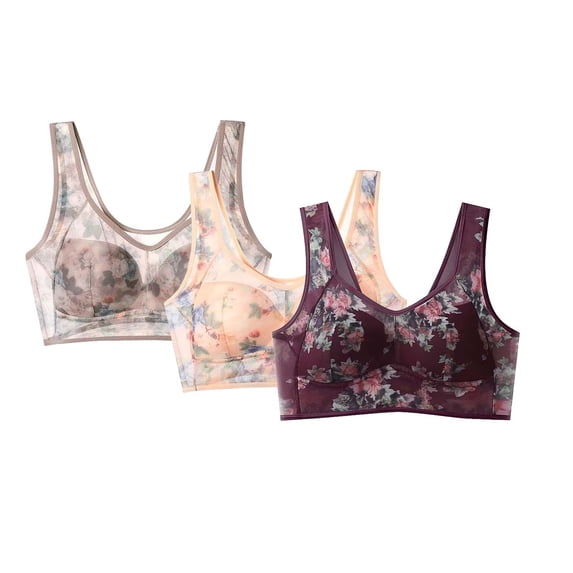 VISALY Wireless Bras Lace Bras 3Pc Minimizer Bras for Women No Underwire foral Printed Bras Full Coverage Bras Adjustable Strap Supportive Bralette Soft Bras Comfy Bras Lightly Padded Bras Beige M