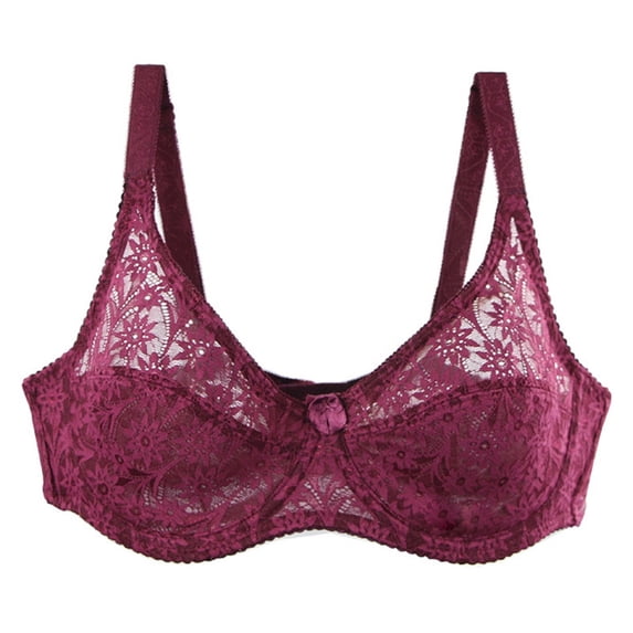 VISALY Wireless Bras Lace Bras Minimizer Bras for Women No Underwire Lightly Padded Bras Plus Size Bras Crop Top Comfortable Supportive Bralette Breathable Bras Soft Bras Comfy Bras Wine 75C