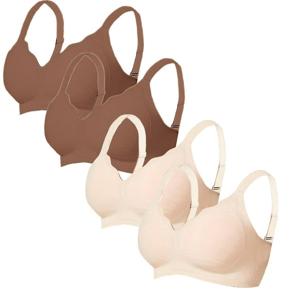 VISALY Wireless Bras Seamless Bras 4Pc Full Coverage Bras No Underwire Push Up Bras Everyday Bras Soft Bras Comfortable Supportive Bralette Sports Bras Comfortable Bras Breathable Bras Brown L