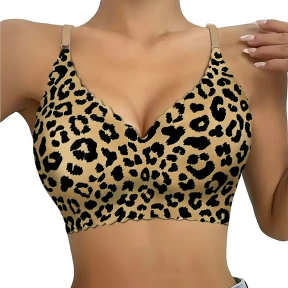 VISALY Wireless Bras Seamless Bras Leopard Print Bras Push Up Bras for Women No Underwire Bra Bralette Comfort Full Coverage Supportive Bra Everyday Bras Breathable Bras Plus Size Bras Beige M