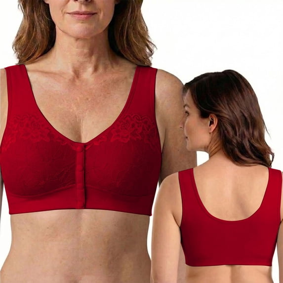 VISALY Wireless Front Closure Lace Bra for Older Women Plus Size Comfort Everyday Bralettes Daisy Bras for Senior Women No Underwire Front Closure Soft Comfy Snap Closing T-Shirts Bra Red L
