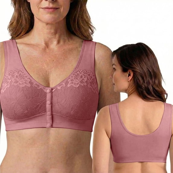 VISALY Wireless Front Closure Lace Bra for Older Women Plus Size Comfort Everyday Bralettes Daisy Bras for Senior Women No Underwire Front Closure Soft Comfy Snap Closing T-Shirts Bra Pink Xl