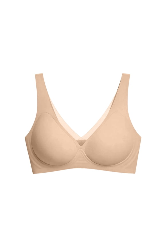 Wireless Lift Bust Shaping Bras Seamless Deep V Plunge Jelly Supportive Mesh Crossover Bra No Underwire Push Up Full Coverage T-Shirt Bralette Plus Size Push Up Lift Everyday Bra Beige L
