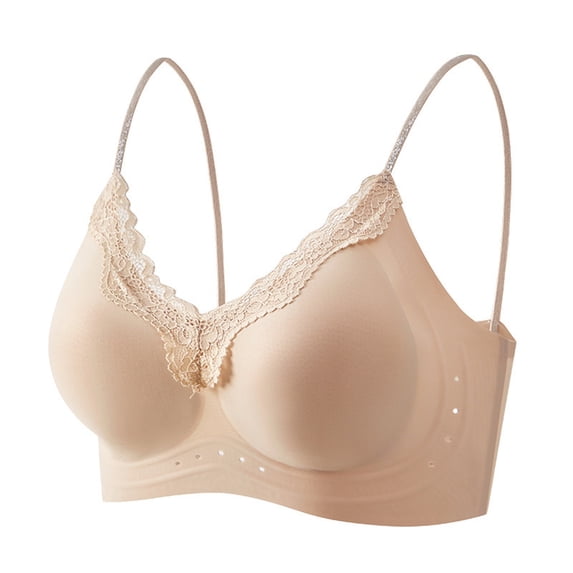 VISALY Wireless Push Up Bra Seamless Support Bra Spaghetti Strap Bra Full Coverage Support Bra Soft V Neck Comfortable Everyday Plus Size Full Figure Bralette Breathable Wireless Bra Khaki Xl