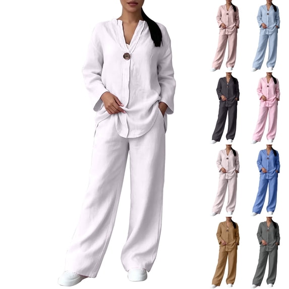 VISALY Women 2 Piece Casual Outfit Set Notch V Neck Button Long Sleeve Blouse Plus Sized Wide Leg Pants Trendy Loose Fit Matching Tracksuit Lounge Vacation Leisure Home Trouser Sets Beige L