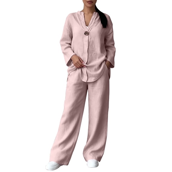 VISALY Women 2 Piece Casual Outfit Set Notch V Neck Button Long Sleeve Blouse Plus Sized Wide Leg Pants Trendy Loose Fit Matching Tracksuit Lounge Vacation Leisure Home Trouser Sets Light Pink M