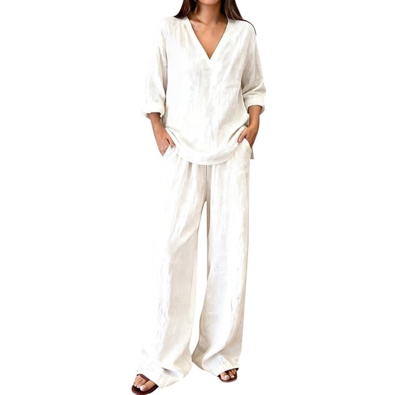 VISALY Women 2 Piece Linen Set Summer Long Sleeve V Neck Top Wide Leg Lounge Pants Plus Size Matching Summer Gauze Sets Lightweight Casual Peasant Linen Resort Beach Vacation Outfits White 3Xl