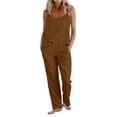 thumbnail image 1 of VISALY Women 2 Piece Summer Linen Beach Outfits Round V Neck Sleeveless Tank Tops Spaghetti Strap Vest Cotton Linen Tees Elastic High Waist Long Pants Casual Loose Lightweight Gauze Sets Brown 4Xl, 1 of 8