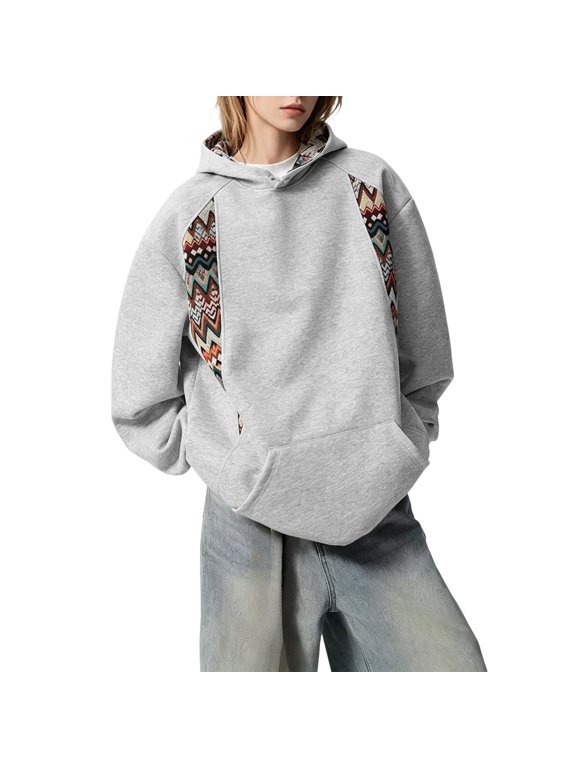 Women Boho Patchwork Hoodies Sweatshirts Oversized Ethnic Patterned Graphic Long Sleeve Hooded Casual Baggy Pullover Sweatshirt Trendy Fall Dressy Casual Outfits with Pocket Light Ashy M