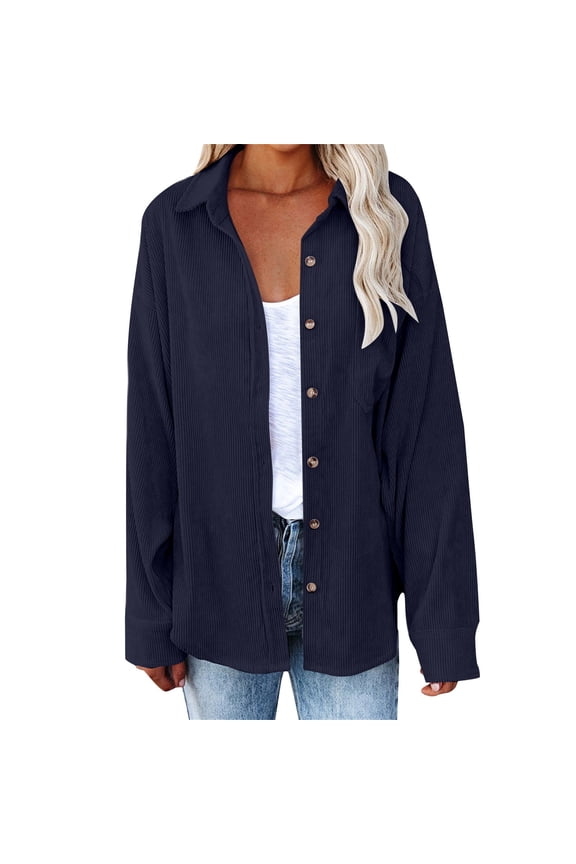 Women Button Up Collared Shirts Tunic Tops Loose Fit Tops Work Dressy Casual Basic Shirts Long Sleeve Wrinkle Free Blouse Smocked Shackets Jacket Solid Oversized Boyfriend Blouses Navy S