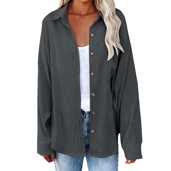 VISALY Women Button Up Collared Shirts Tunic Tops Loose Fit Tops Work Dressy Casual Basic Shirts Long Sleeve Wrinkle Free Blouse Smocked Shackets Jacket Solid Oversized Boyfriend Blouses Grey S