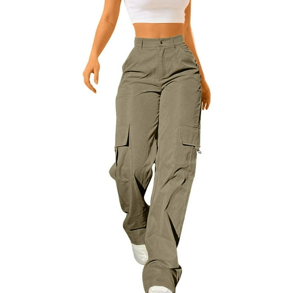 VISALY Women Cargo Pants with Pockets, Womens Cargo, Women's Daily Pocket Overalls Trousers Casual Pants Womens Daily Elastic Waist Pockets Straight, 1 Pack Pants for Women, A - Khaki, M
