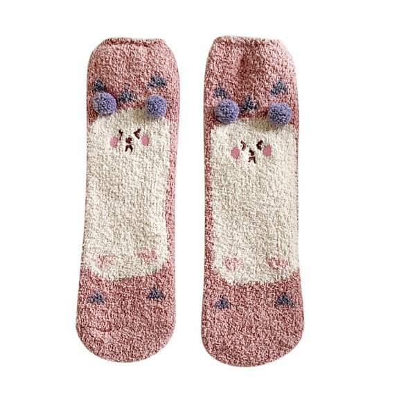 VISALY Women Casual Coral Fleece Mid Calf Socks Cute Animal Print Fluffy Fuzzy Plush Sleeping Slipper Socks 1 Pair Comfortable Soft Winter Warm Crew Socks Pink One Size