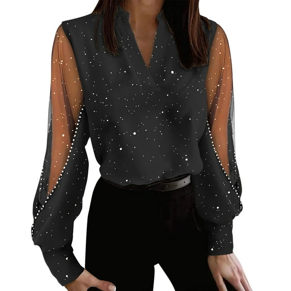VISALY Women Elegant Sequin Dressy Casual Shirts Lantern Long Sleeve V Neck Pullover Spring Casual Elegant Tunic Tops Holiday Party Tops Sheer Mesh Tunic Work Shirts Trendy Basic Blouses Black L