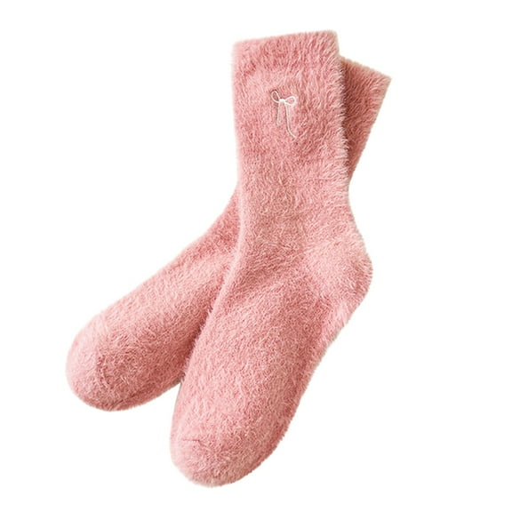 VISALY Women Fuzzy Socks Solid Color Crew Sock Cold-Resistant Warm Bow-Embroidered Mid-Calf Socks Housewear Plush Sleeping Winter Socks Watermelon Red One Size