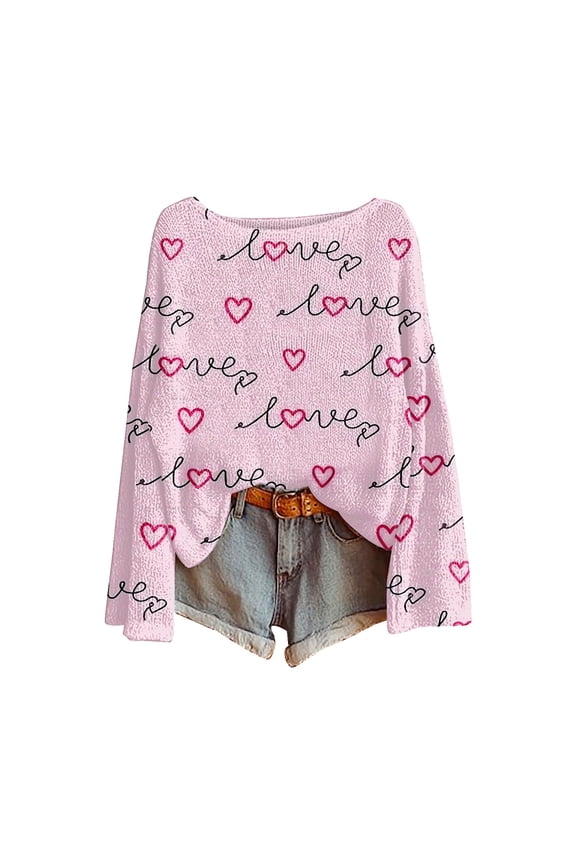 Women Heart Sweater Love Print Heart Sweater Patterned Sweater Oversize Sweaters Trendy Ribbed Pullover Sweaters Fitted Pullover Sweater Patterned Sweater Lightweight Sweaters Light Pink L