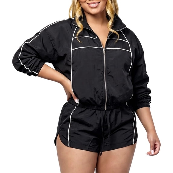 VISALY Women Oversized 2 Piece Tracksuits Set Long Sleeve Zip Up Cropped Jacket Lounge Athletic Jogger Shorts Travel Athletic Casual Workout Sweatsuits Outfits 2 Piece Windbreaker Short Sets Black S