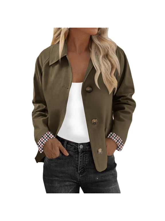 Women Oversized Trench Coat Plaid Lined Lapel Long Sleeve Button Down Casual Crop Jacket Fall Lightweight Trendy Outwear with Pockets Blackish Green M