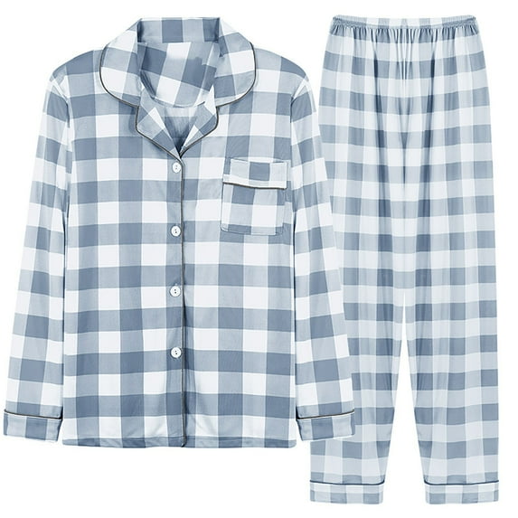 VISALY Women Pajama Sets Button Down Pajamas Plaid Sleepwear Fall Winter Loungewear Long Sleeve Lapel Shirts Leisure Suit Trousers Plus Size Nigghwear Lightweight Pajama Blue L