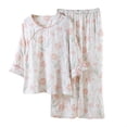 thumbnail image 1 of VISALY Women Pajama Sets Cotton Linen Sleepwear 2 Piece Set Comfy Fall Floral Print Set Crewneck 3/4 Sleeve Shirt Long Pants Loose Pajama Sets Soft Loungewear Pink Xl, 1 of 2