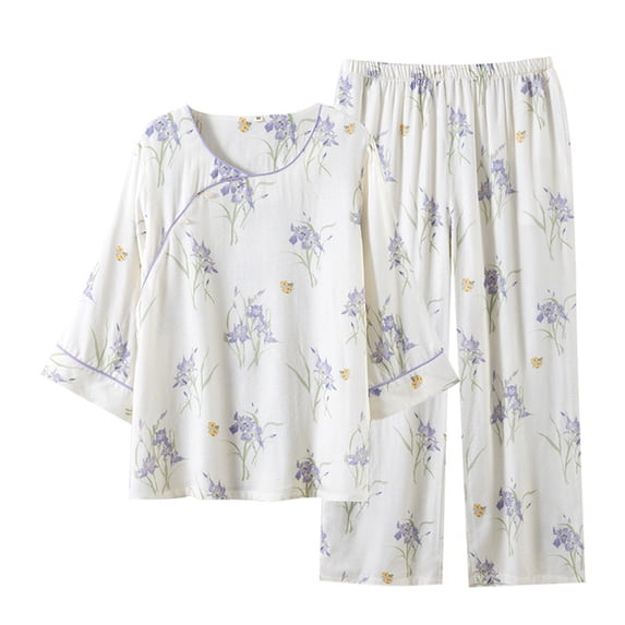 VISALY Women Pajama Sets Cotton Linen Sleepwear 2 Piece Set Comfy Fall Floral Print Set Crewneck 3/4 Sleeve Shirt Long Pants Loose Pajama Sets Soft Loungewear Purple Xl