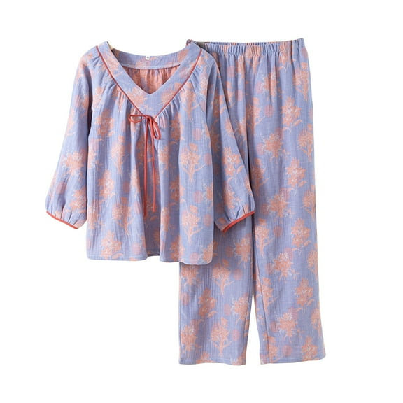 VISALY Women Pajama Sets Cotton Linen Sleepwear V Neck Pullover 3/4 Sleeve Length Blouses Loose Elastic Waist Pants Fall Pajamas Comfy Loungewear Purple M