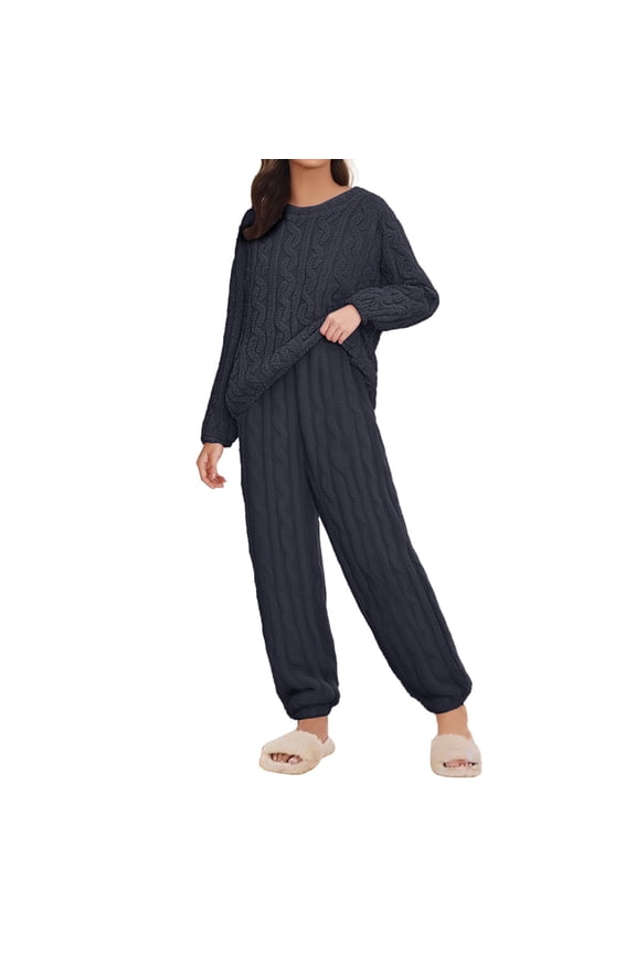 Women Pajama Sets Fleece Fluffy Set Comfortable Pullover Long Sleeve Tops Sleep Pants Loungewear Set Ribbed Pjs Warm Sleepwear Home Wear Winter Pajama Grey 3Xl