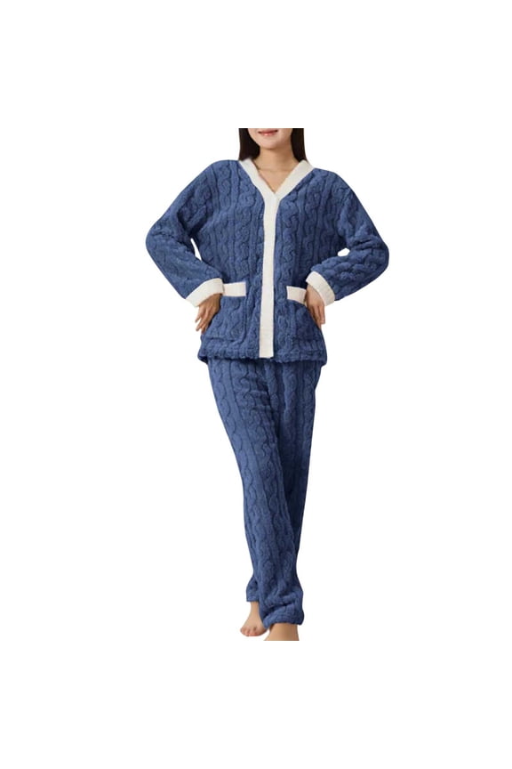 Women Pajama Sets Fleece Fluffy Set V Neck Long Sleeve Tops with Pocket Sleep Pants Loungewear Set Ribbed Pjs Warm Sleepwear Matching Set Winter Pajama Blue One Size