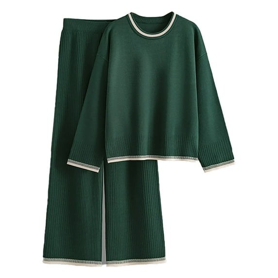 VISALY Women Pajama Sets Plus Size Loungewear Autumn Winter Solid Color Long Sleeve Crewneck Knit Sweater Wide Leg Pants Loose Leisure Suit Soft Sleepwear Green One Size